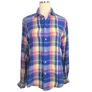 Polo Ralph Lauren Classic Fit Linen Button Up Womens SZ L Blue/Pink Plaid